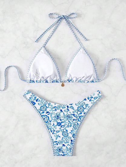 Women's 2-Piece Boho Halter Bikini Set - Tie Detail, High Cut, Floral Print, Green