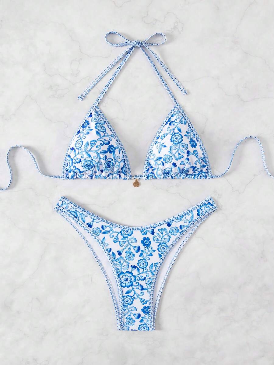 Women's 2-Piece Boho Halter Bikini Set - Tie Detail, High Cut, Floral Print, Green