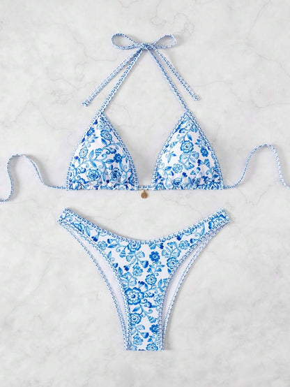 Women's 2-Piece Boho Halter Bikini Set - Tie Detail, High Cut, Floral Print, Green