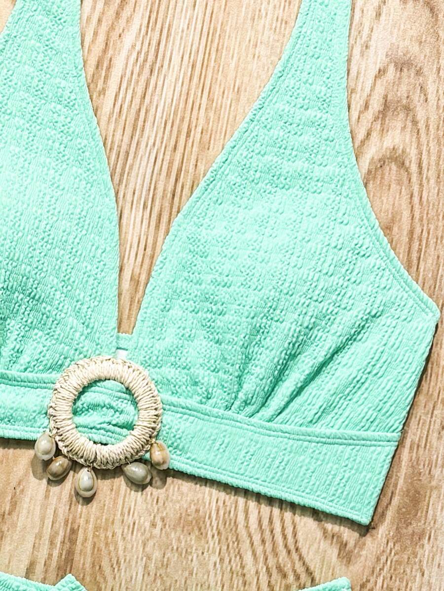 Women's 2-Piece Solid Halter Strap Bikini Set - High Waist, Backless, Apricot
