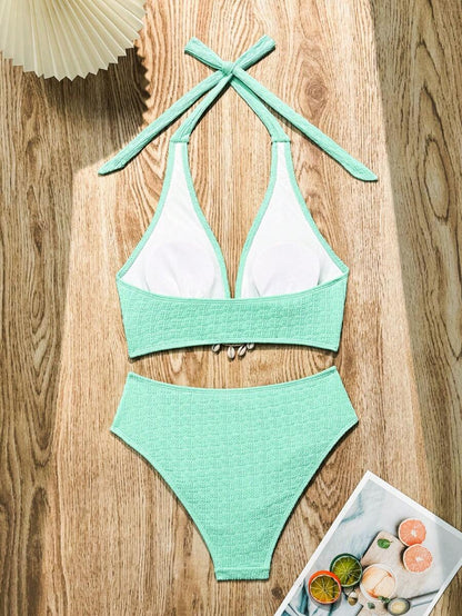 Women's 2-Piece Solid Halter Strap Bikini Set - High Waist, Backless, Apricot