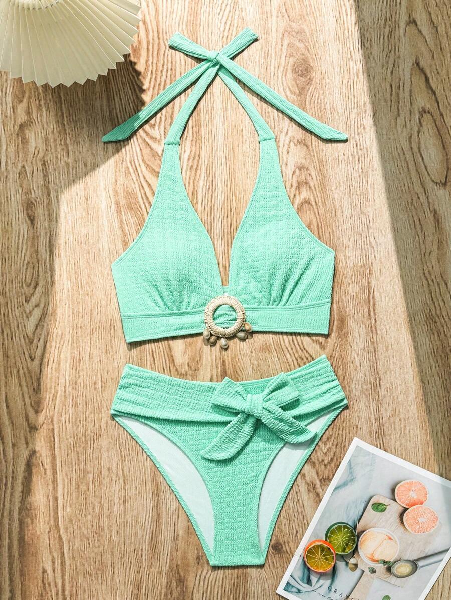 Women's 2-Piece Solid Halter Strap Bikini Set - High Waist, Backless, Apricot