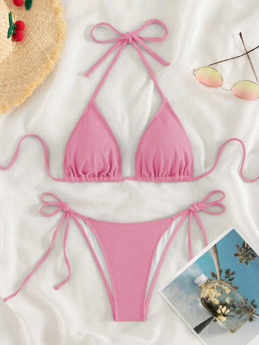 Swim Vcay 2026 Spring/Summer Green Special Fabric Women's Swimwear, Spaghetti Strap Halter Solid Color Sexy Side Tie Thong Bikini Two-Piece Swimwear Teal Bikini Tie Bikini Set Textured Bikini Triangle Bikini Triangle Bikini Set