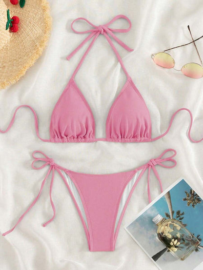 Swim Vcay 2026 Spring/Summer Green Special Fabric Women's Swimwear, Spaghetti Strap Halter Solid Color Sexy Side Tie Thong Bikini Two-Piece Swimwear Teal Bikini Tie Bikini Set Textured Bikini Triangle Bikini Triangle Bikini Set