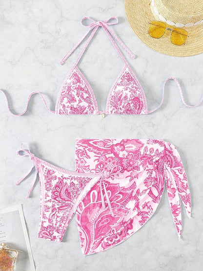 Women's 3-Piece Floral Halter Bikini Set - Skirt Bottom, Backless, High Waist, Blue and White
