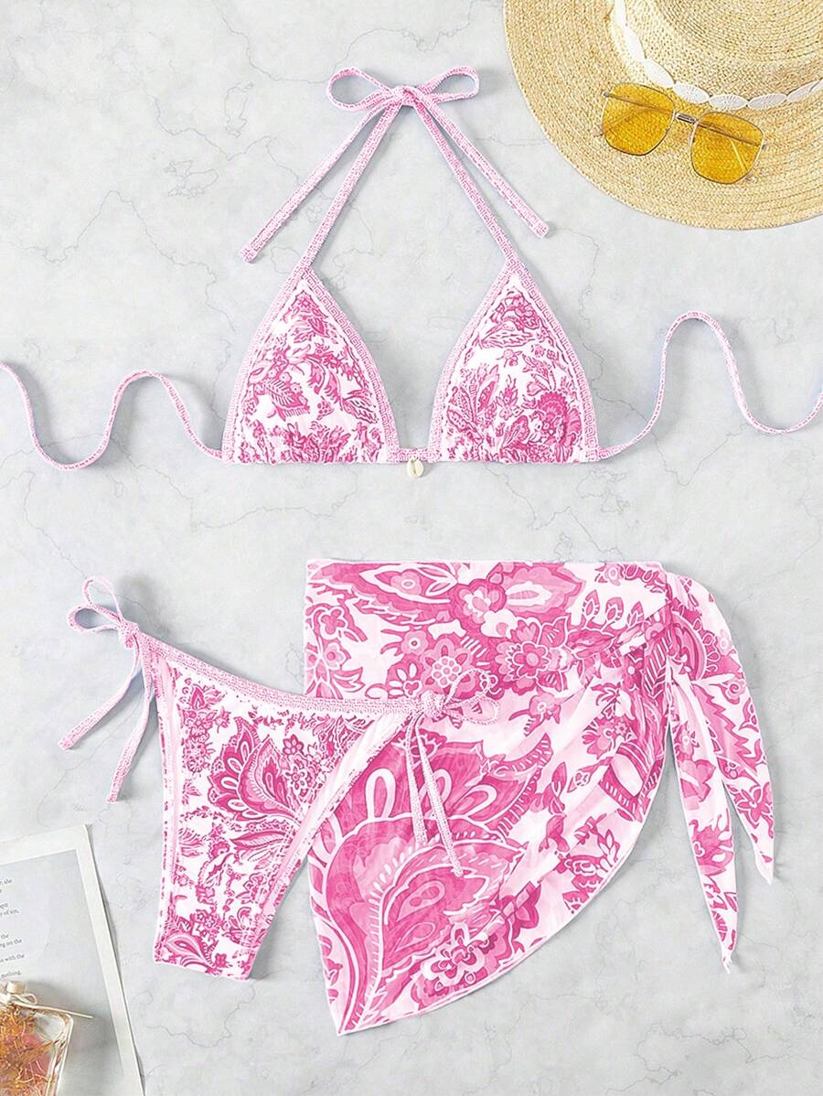 Swim Vcay Women Summer Vacation Floral Print Halter Bikini Set With Coverup & Skirt 3-Piece, Random Print