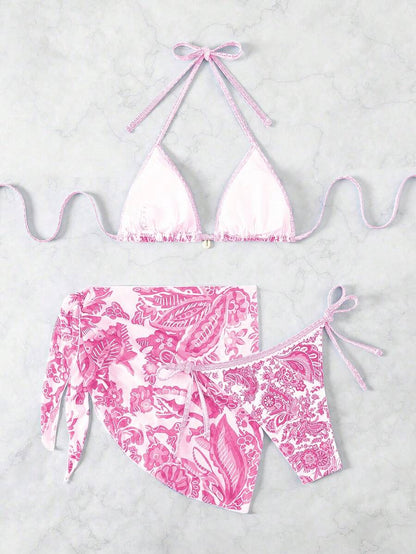 Women's 3-Piece Floral Halter Bikini Set - Skirt Bottom, Backless, High Waist, Blue and White
