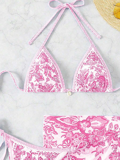 Women's 3-Piece Floral Halter Bikini Set - Skirt Bottom, Backless, High Waist, Blue and White