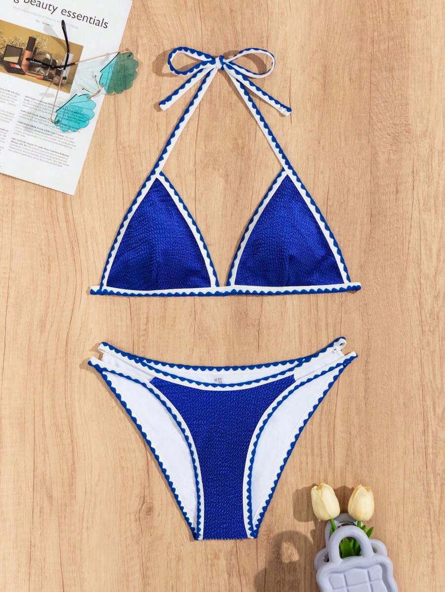 Women's Whip Stitch Halter Triangle Bikini Set - Backless, High Waist, Colorblock, White