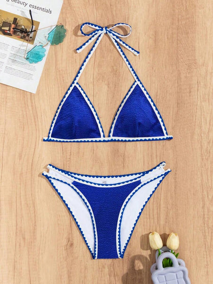 Women's Whip Stitch Halter Triangle Bikini Set - Backless, High Waist, Colorblock, White