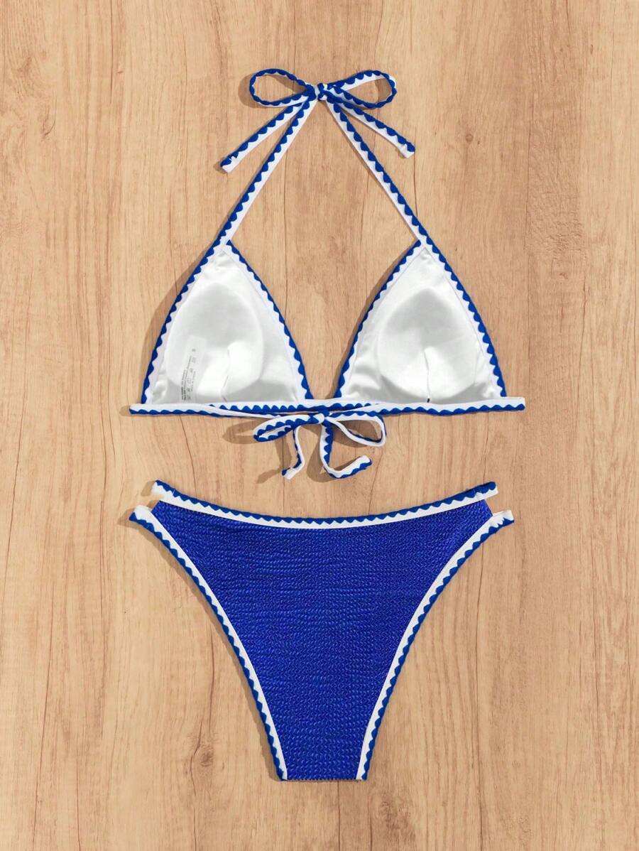 Women's Whip Stitch Halter Triangle Bikini Set - Backless, High Waist, Colorblock, White