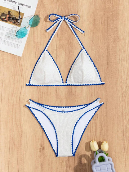Women's Whip Stitch Halter Triangle Bikini Set - Backless, High Waist, Colorblock, White