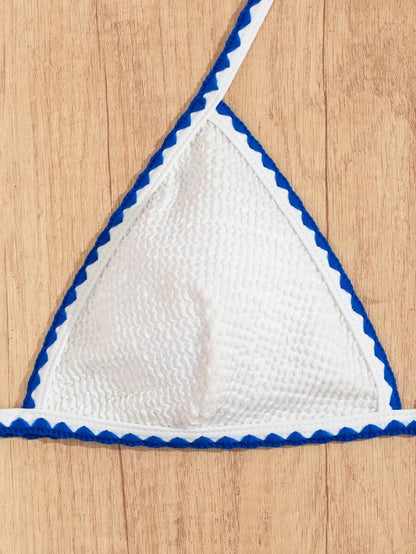 Women's Whip Stitch Halter Triangle Bikini Set - Backless, High Waist, Colorblock, White