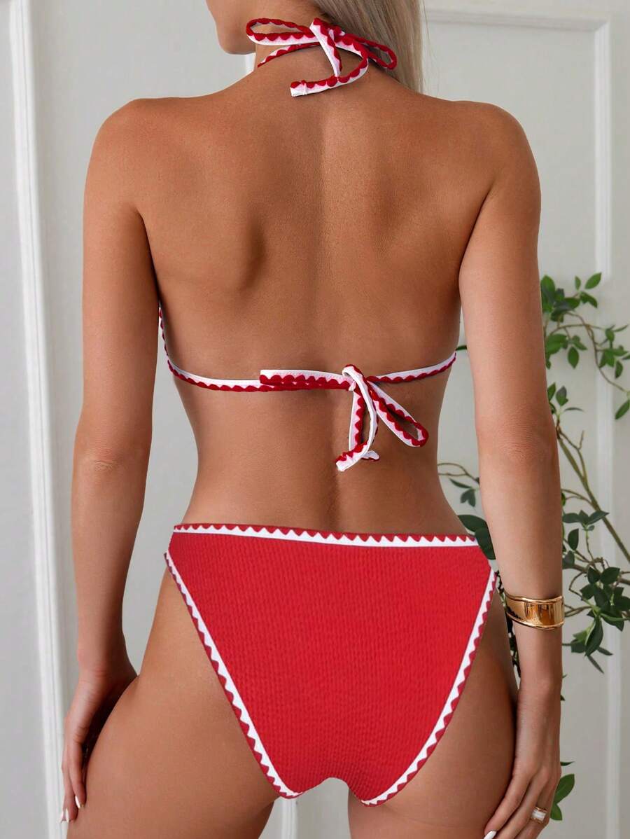 Women's Whip Stitch Halter Triangle Bikini Set - Backless, High Waist, Colorblock, White