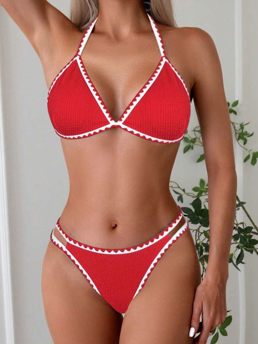 Women's Whip Stitch Halter Triangle Bikini Set - Backless, High Waist, Colorblock, White