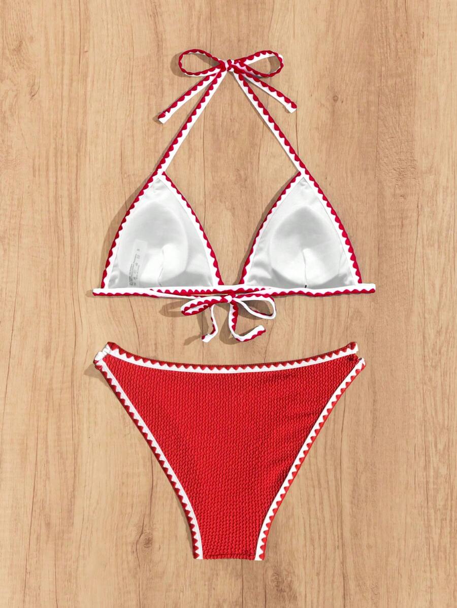Women's Whip Stitch Halter Triangle Bikini Set - Backless, High Waist, Colorblock, White