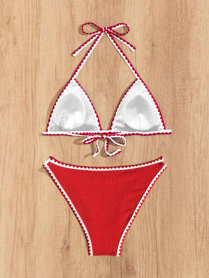 Women's Whip Stitch Halter Triangle Bikini Set - Backless, High Waist, Colorblock, White
