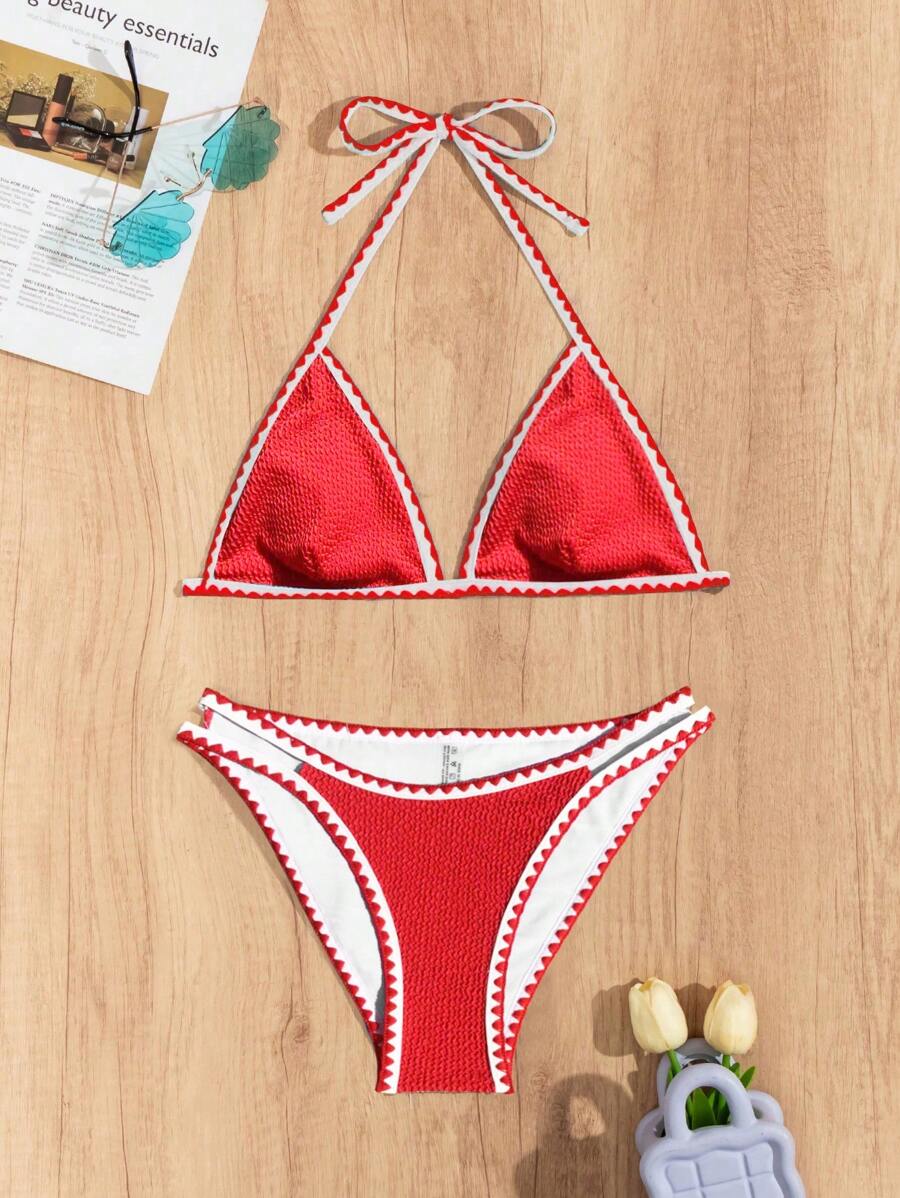 Women's Whip Stitch Halter Triangle Bikini Set - Backless, High Waist, Colorblock, White