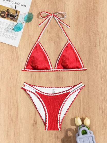 Women's Whip Stitch Halter Triangle Bikini Set - Backless, High Waist, Colorblock, White