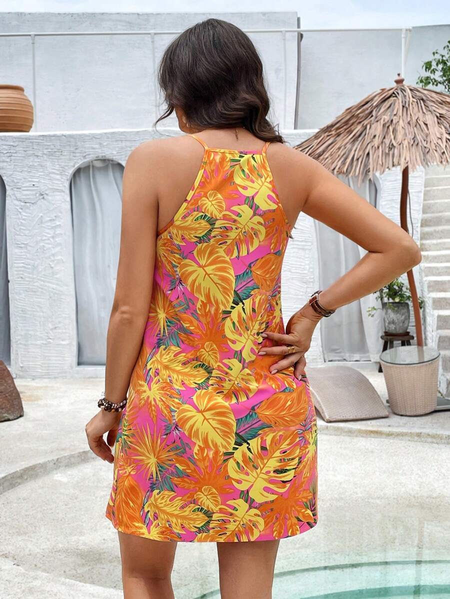 Maternity Tropical Print A-Line Spaghetti Strap Dress Sleeveless Backless Halter Short Cami Sun Dress for Island Vacation