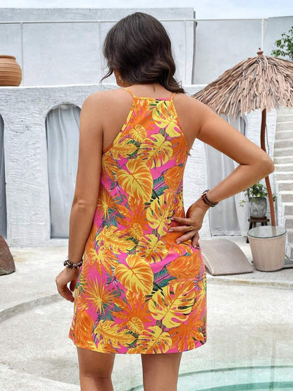 Maternity Tropical Print A-Line Spaghetti Strap Dress Sleeveless Backless Halter Short Cami Sun Dress for Island Vacation