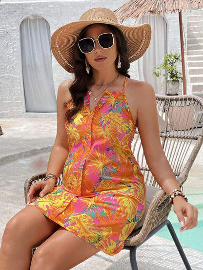 Maternity Tropical Print A-Line Spaghetti Strap Dress Sleeveless Backless Halter Short Cami Sun Dress for Island Vacation