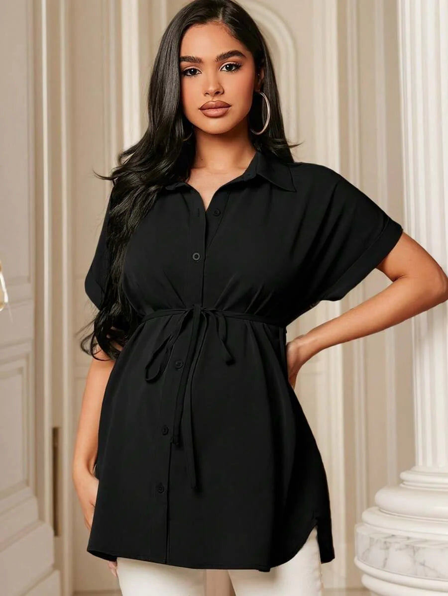 Maternity Batwing Sleeve Belted Shirt - Asymmetrical Button Down Maternity Blouse for Daily Office Wear