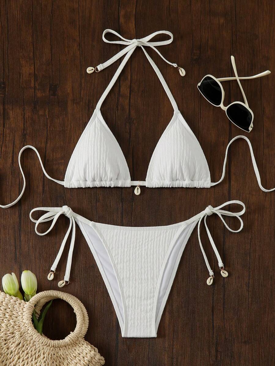 Women's Textured Halter Tie Bikini Set - Knot, Tie Side, High Waist, Blue