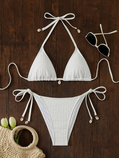 Women's Textured Halter Tie Bikini Set - Knot, Tie Side, High Waist, Blue