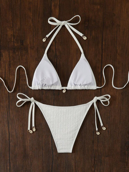 Women's Textured Halter Tie Bikini Set - Knot, Tie Side, High Waist, Blue