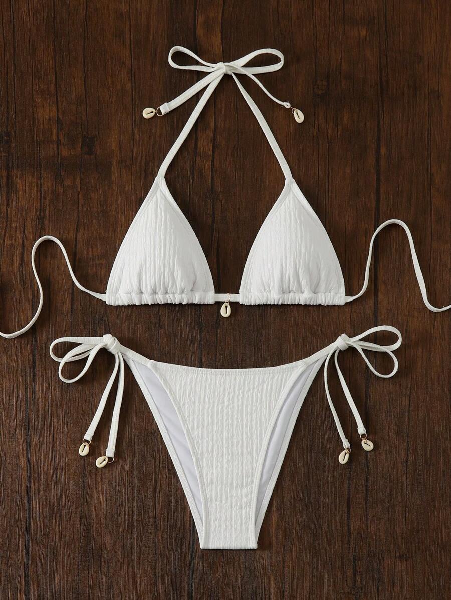 Women's Textured Halter Tie Bikini Set - Knot, Tie Side, High Waist, Blue