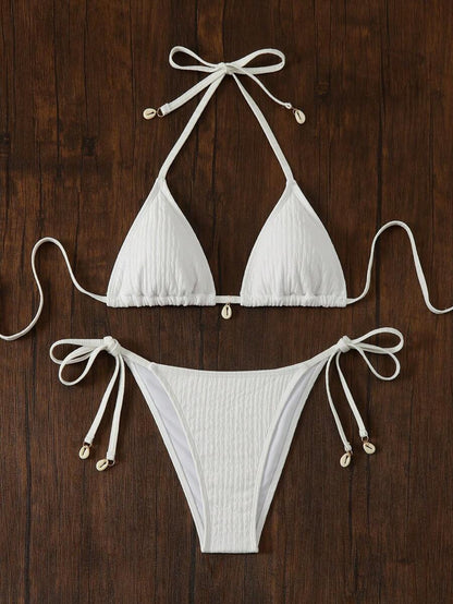 Women's Textured Halter Tie Bikini Set - Knot, Tie Side, High Waist, Blue