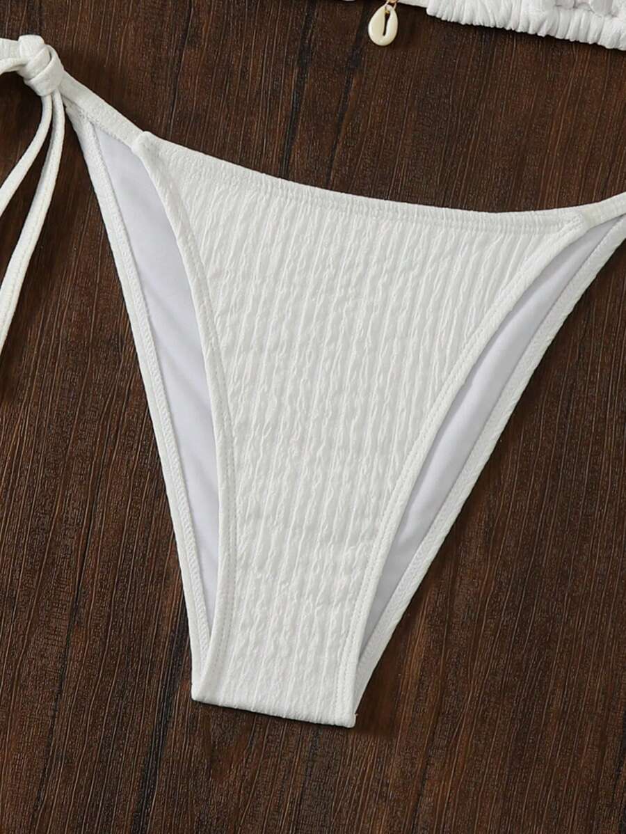 Women's Textured Halter Tie Bikini Set - Knot, Tie Side, High Waist, Blue