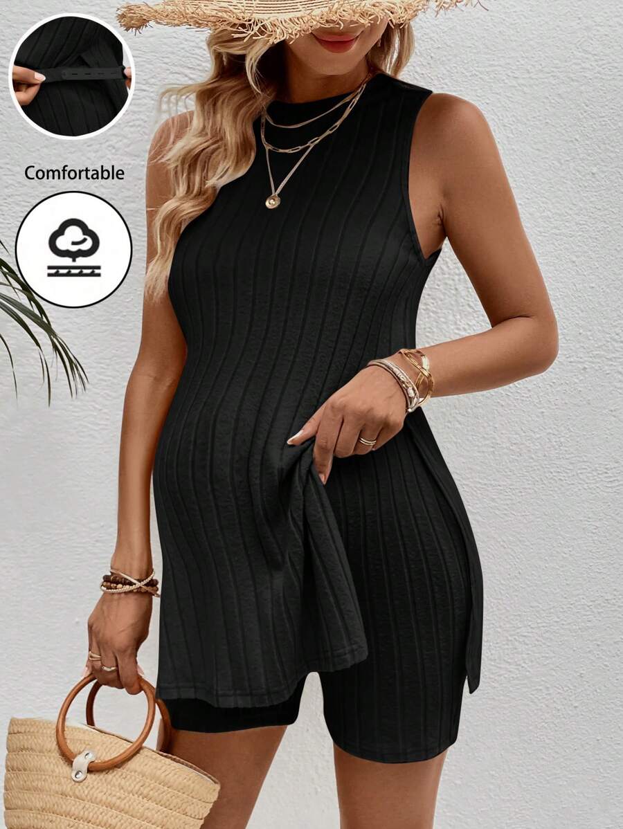 Maternity 2-Piece Striped Camisole and Shorts Set High Stretch Round Neck Side Slit Casual Summer Lounge Outfit