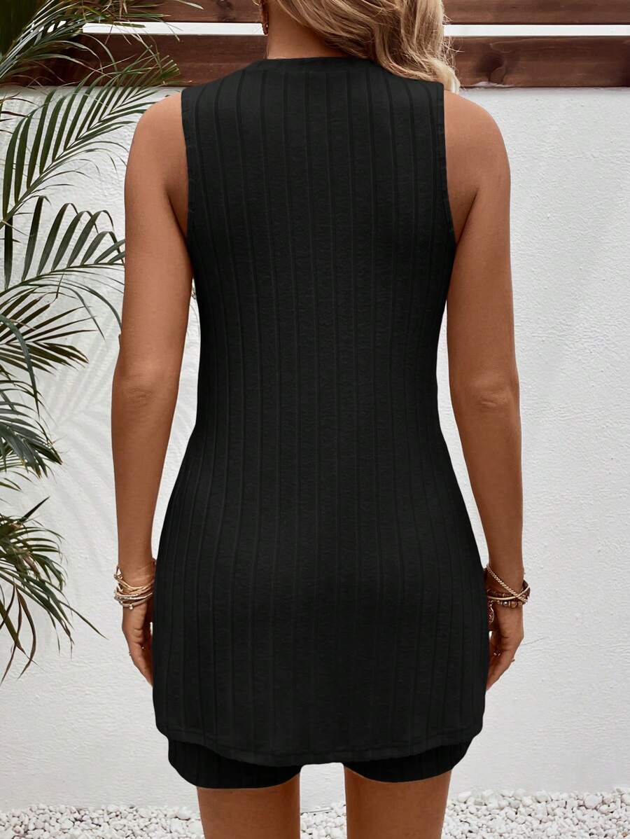 Maternity 2-Piece Striped Camisole and Shorts Set High Stretch Round Neck Side Slit Casual Summer Lounge Outfit