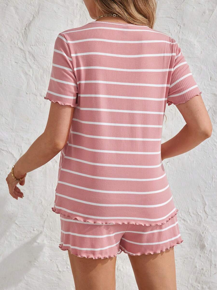 Maternity Striped Pajama Set - Round Neck Tee & Track Shorts, Frill, Regular Fit, Pink