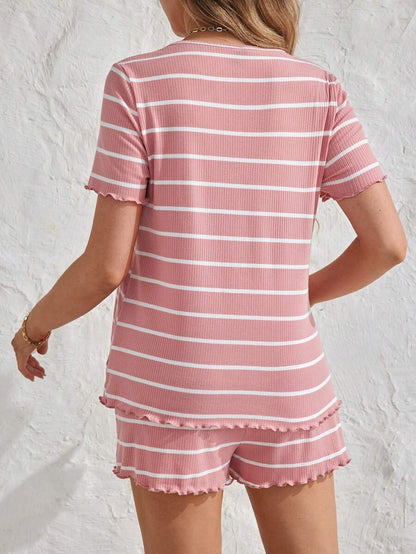 Maternity Striped Pajama Set - Round Neck Tee & Track Shorts, Frill, Regular Fit, Pink