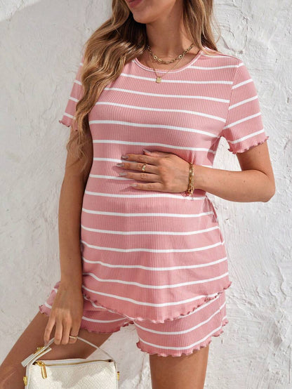 Maternity Striped Pajama Set - Round Neck Tee & Track Shorts, Frill, Regular Fit, Pink