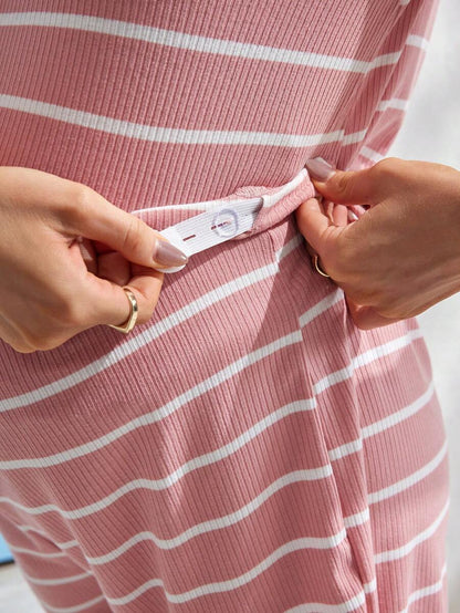 Maternity Striped Pajama Set - Round Neck Tee & Track Shorts, Frill, Regular Fit, Pink