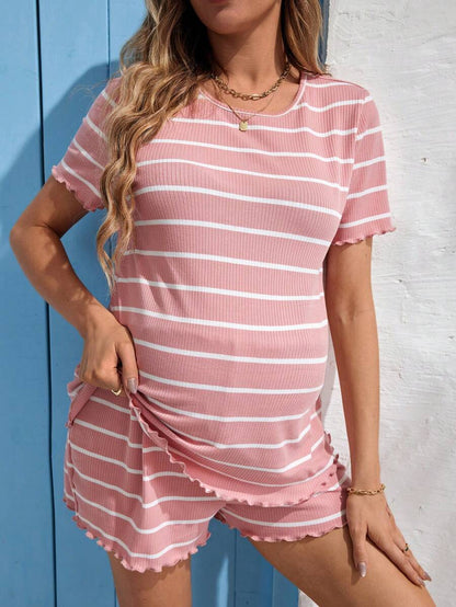 Maternity Striped Pajama Set - Round Neck Tee & Track Shorts, Frill, Regular Fit, Pink