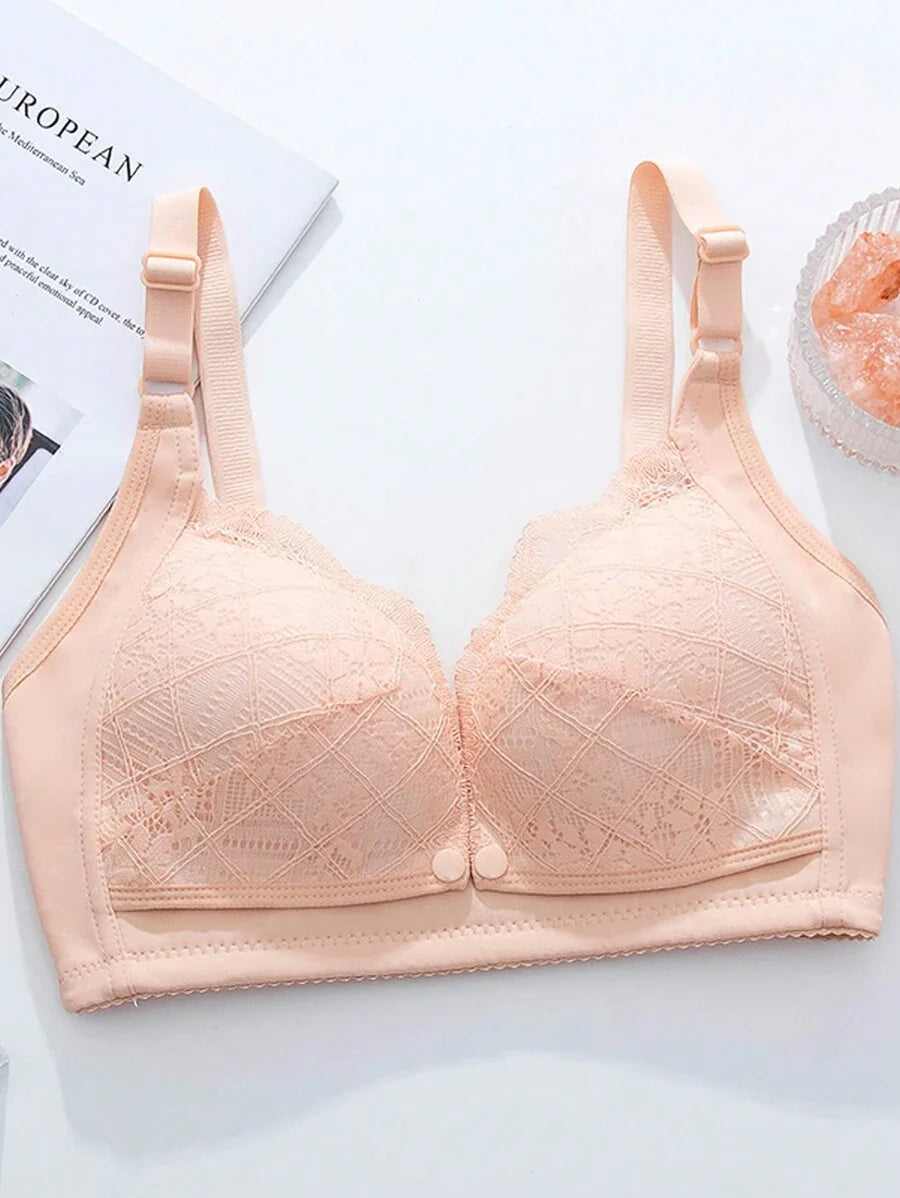 Elegant Pink Lace Nursing Bra - Wireless Push Up Maternity Bralette with Adjustable Straps & High Rise Briefs