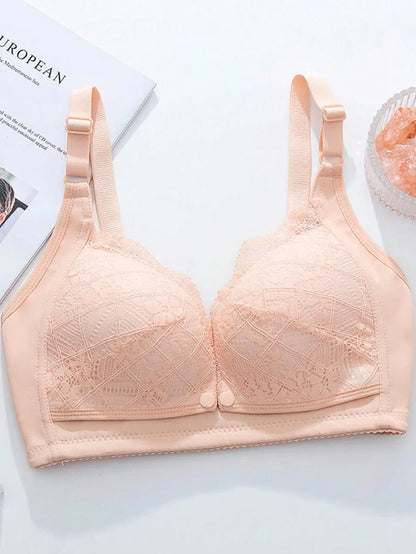 Elegant Pink Lace Nursing Bra - Wireless Push Up Maternity Bralette with Adjustable Straps & High Rise Briefs