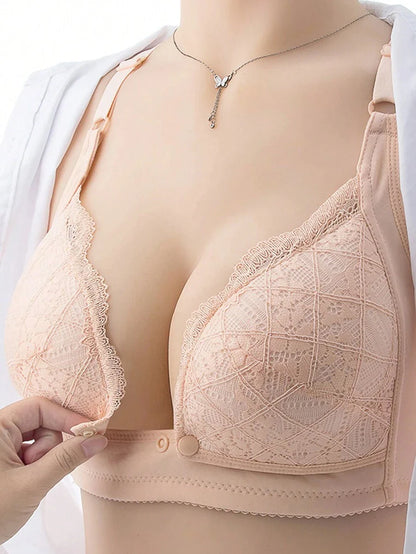 Elegant Pink Lace Nursing Bra - Wireless Push Up Maternity Bralette with Adjustable Straps & High Rise Briefs