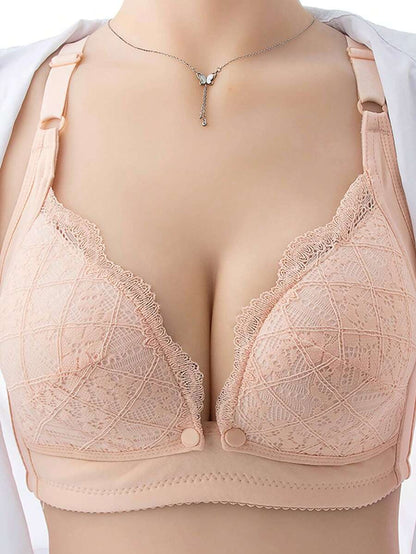 Elegant Pink Lace Nursing Bra - Wireless Push Up Maternity Bralette with Adjustable Straps & High Rise Briefs