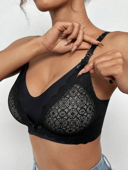 Lace Trim Nursing Bra Front Closure Wireless Maternity Bralette, Black Seamless Maternity Intimates with Lightly Lined Support