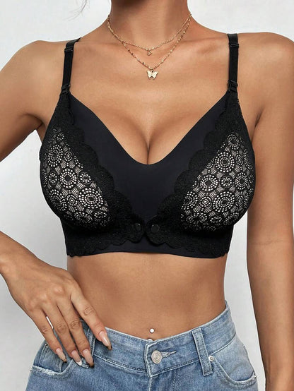 Lace Trim Nursing Bra Front Closure Wireless Maternity Bralette, Black Seamless Maternity Intimates with Lightly Lined Support