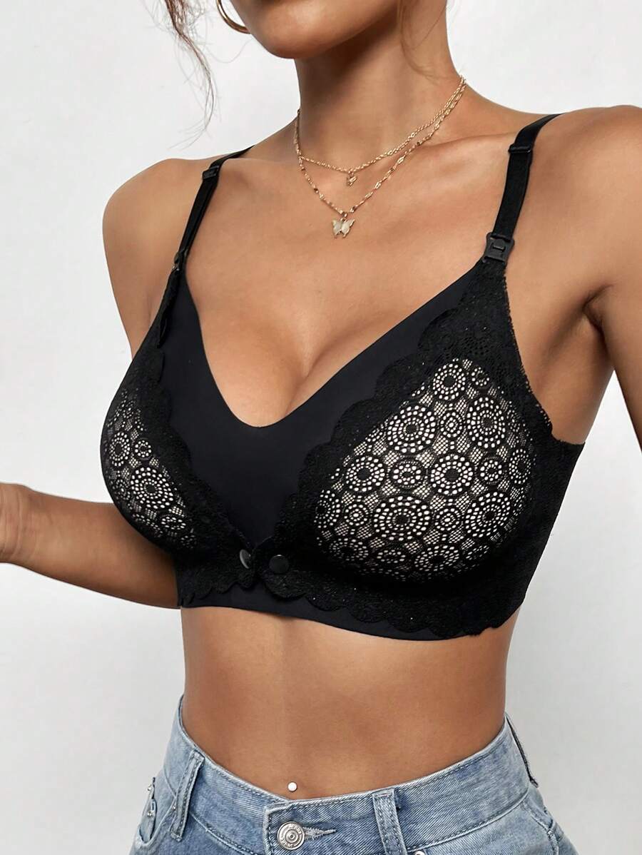 Lace Trim Nursing Bra Front Closure Wireless Maternity Bralette, Black Seamless Maternity Intimates with Lightly Lined Support