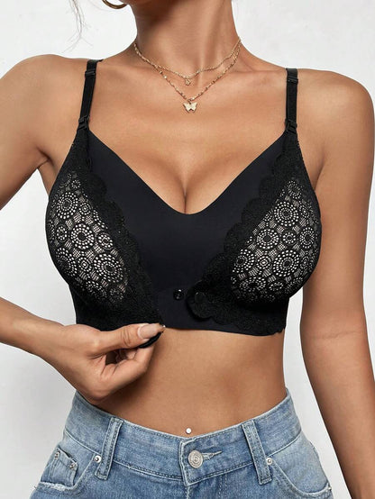 Lace Trim Nursing Bra Front Closure Wireless Maternity Bralette, Black Seamless Maternity Intimates with Lightly Lined Support