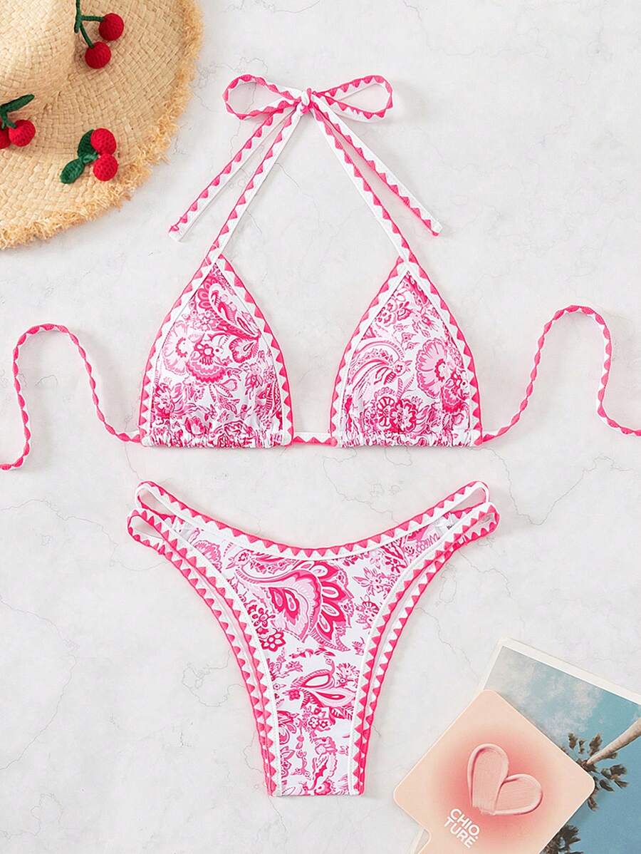 Women's 2-Piece Boho Halter Bikini Set - Tie Back, High Cut, Plant Print, Blue