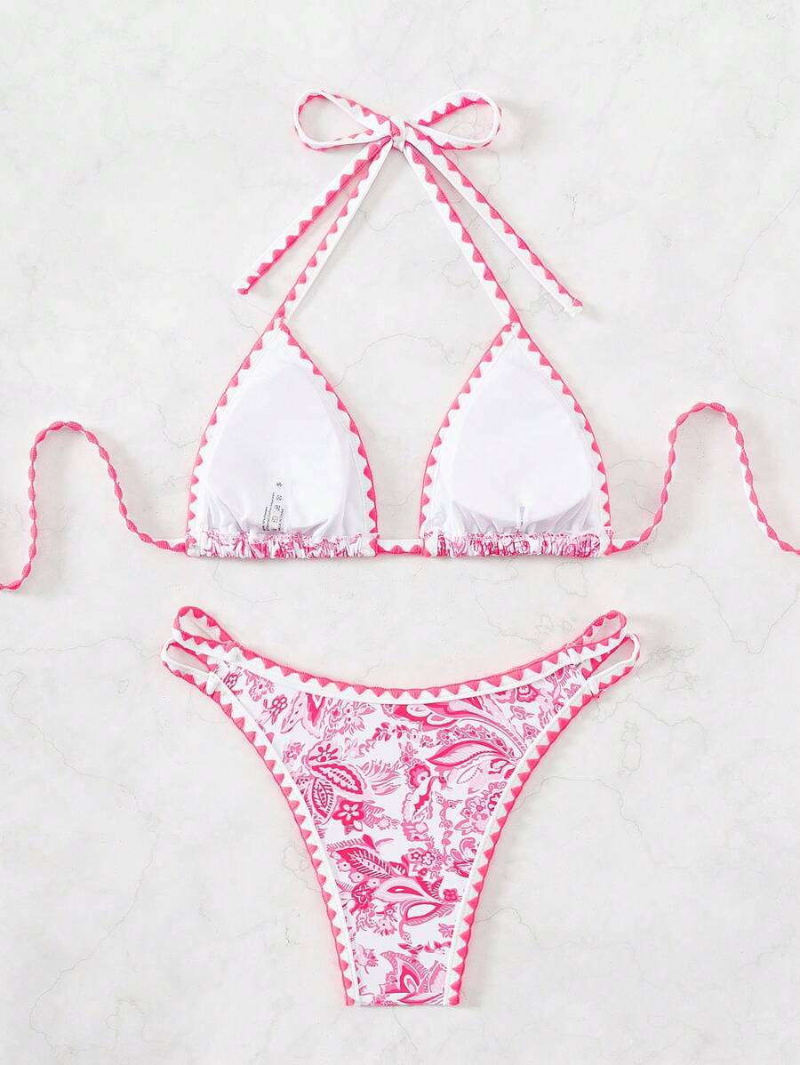 Women's 2-Piece Boho Halter Bikini Set - Tie Back, High Cut, Plant Print, Blue